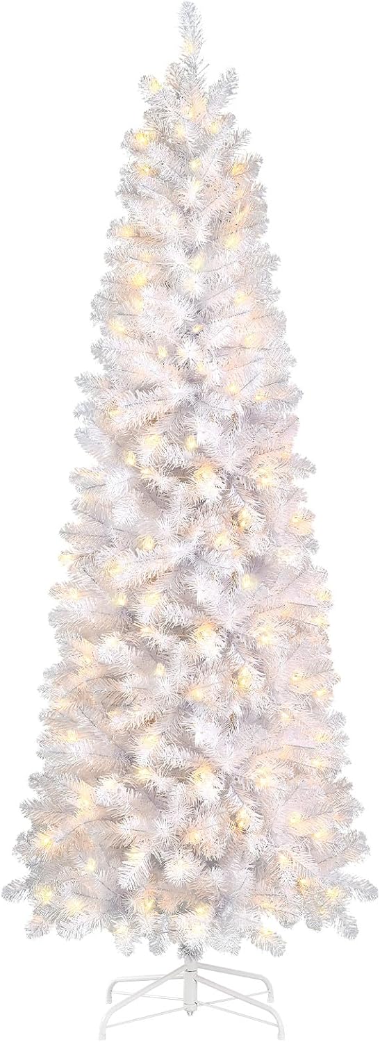SHareconn 6ft Prelit Artificial Hinged Slim Pencil Christmas Tree with Warm White Lights, Full Branch Tips, Good Choice Decoration for Xmas Holiday, 6 FT, Green