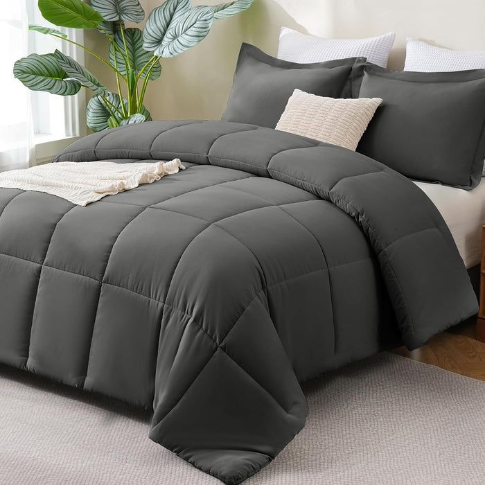 CozyLux Queen Comforter Set Black - 3 Pieces Box Stitched Comforters Queen Size, Soft Bed Set for All Seasons, Lightweight Bedding Sets with 1 Down Alternative Comforter and 2 Pillow Shams
