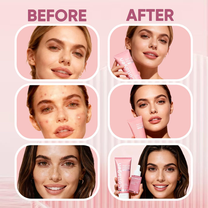 Collagen Face Mask + Peptides & PDRN Plumping Serum, Overnight Hydrolyzed Collagen Peel-Off Mask, Skincare Set wth Niacinamide, Even Skin Tone, Repair & Firm Skin, Reduce Redness (1 Set)