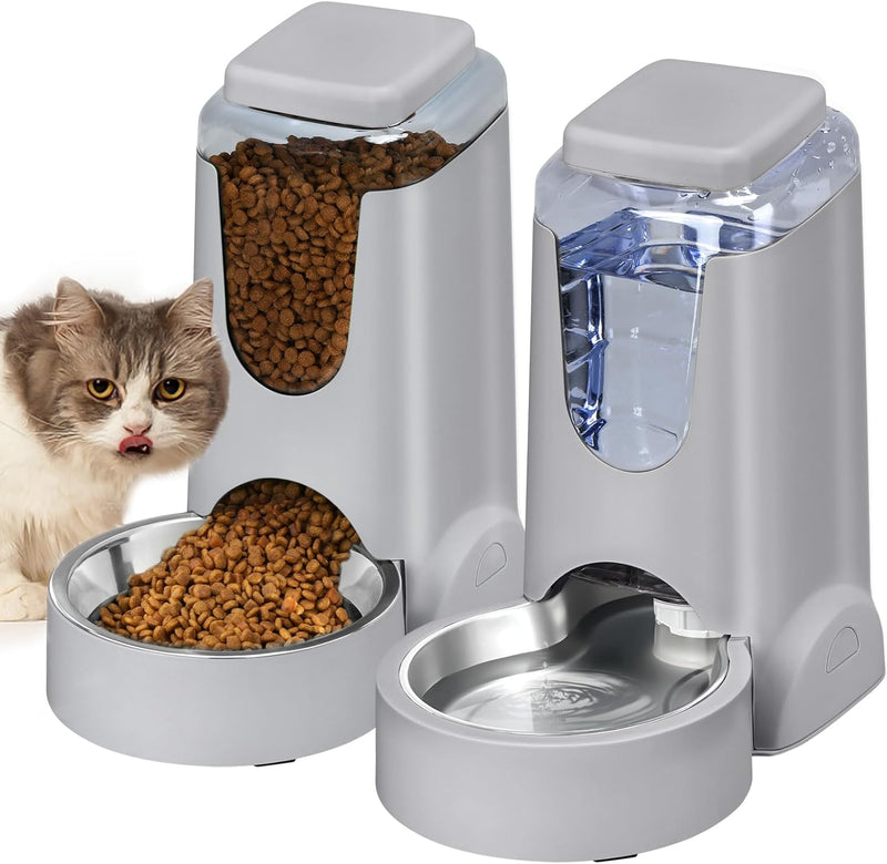 Automatic Cat Feeder and Water Dispenser with Stainless Steel Bowl Dog Gravity Food Feeder and Waterer for Small Medium Pets Puppy Kitten 1 Gallon x 2