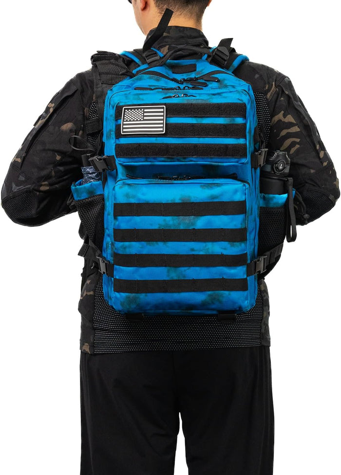 Military Tactical Backpack 45L Bug Out Bag Assault Pack Molle Daypack Hiking Gym Rucksack with Bottle Holder(Blue tie dye)