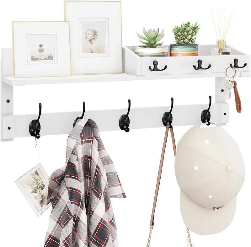 Homode Coat Rack with Shelf, Wall Shelf with Hooks, 26 Inch Long Coat Hanger Wall Mount with Key and Mail Holder, Wood Entryway Shelves for Hanging Hat Jacket Backpack Purse, Rustic Brown Black