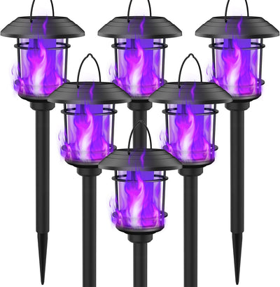 Dynaming 6 Pack Solar Flame Torch Lights Outdoor, Dual Use Flickering Purple Flame Garden Light, Hanging Lantern, Auto On/Off & Waterproof Halloween Lighting for Lawn Patio Yard Walkway Driveway