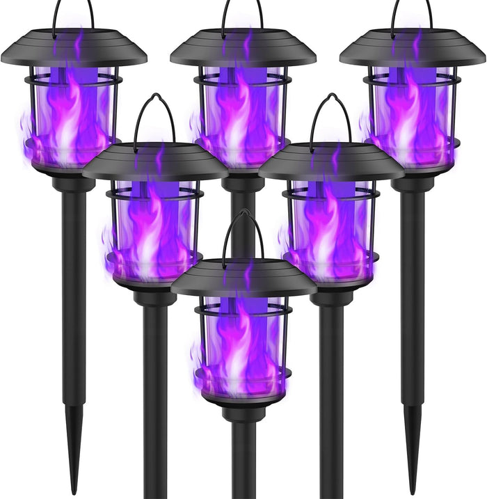 Dynaming 6 Pack Solar Flame Torch Lights Outdoor, Dual Use Flickering Purple Flame Garden Light, Hanging Lantern, Auto On/Off & Waterproof Halloween Lighting for Lawn Patio Yard Walkway Driveway