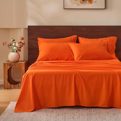 MEISHANG 100% French Pure Linen Sheets King Size - Bed Sheets 4 Piece Sets, Soft Durable Flax Linen, Anti-Tear Breathable Oeko-Tex Certified with 16" Deep Pocket (Orange)
