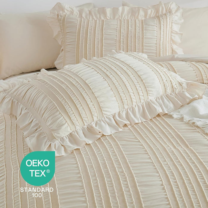WONGS BEDDING Queen Comforter Set,Beige Cute Ruffle Comforter for Queen Bed, 7 Pieces Bed in a Bag Seersucker Shabby Chic Bedding Set 90"×90"