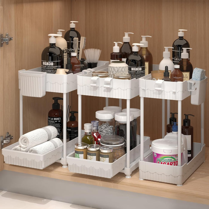 3 Pack Under Sink Organizers, 2-Tier Multi-Use Kitchen and Bathroom Organizers and Storage with Sliding Drawers，Bathroom Cabinet Organizer (Black, 12.8 Inch)