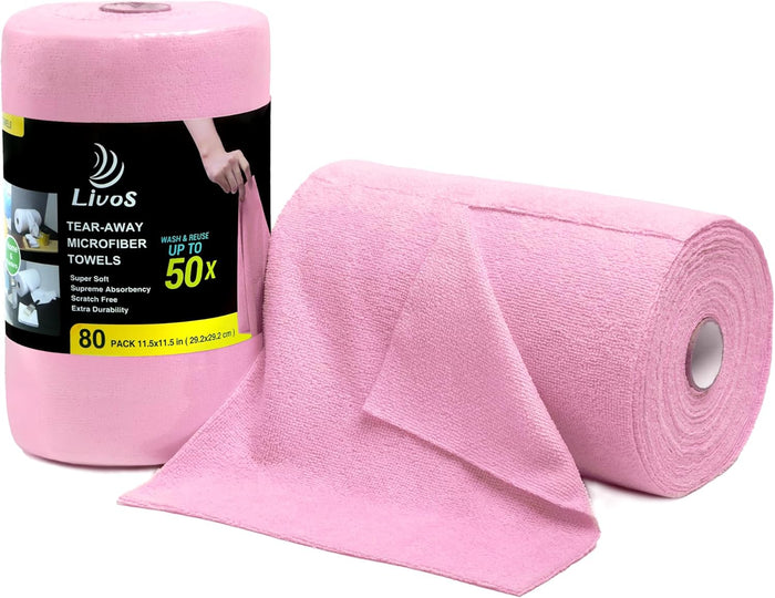 LIVOS Microfiber Cleaning Cloth Roll - 80 Pack, Reusable Paper Towels, Microfiber Towels for Cars, Super Absorbent Lint Free Cleaning Rags for House, Kitchen, Window-Light Purple, 11.5"x11.5"