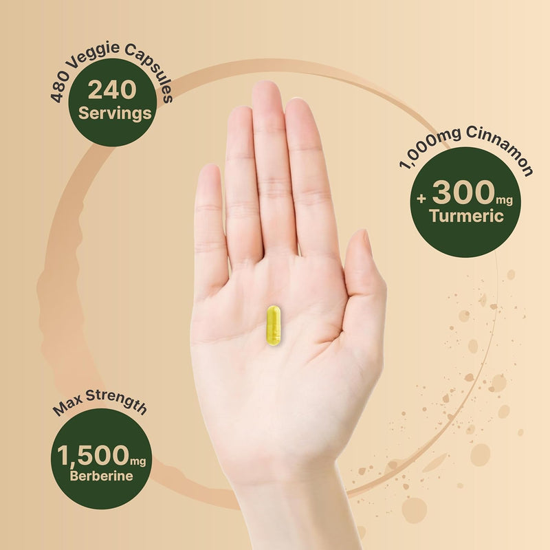 Berberine Supplement 1500mg with 1000mg Ceylon Cinnamon & 300mg Turmeric, 480 Veggie Capsules | 97% Pure Berberine HCL | Supports Balanced Sugar Levels & Heart Health | Vegan, Non-GMO