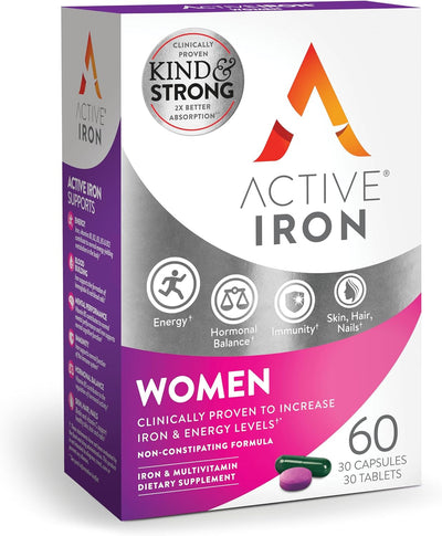 Active Iron Supplement 25mg + Multivitamin for Women – Clinically Proven to Increase Energy & Reduce Tiredness – Gentle, Non-Constipating Iron + Women’s Multivitamin – 30 Capsules + 30 Tablets