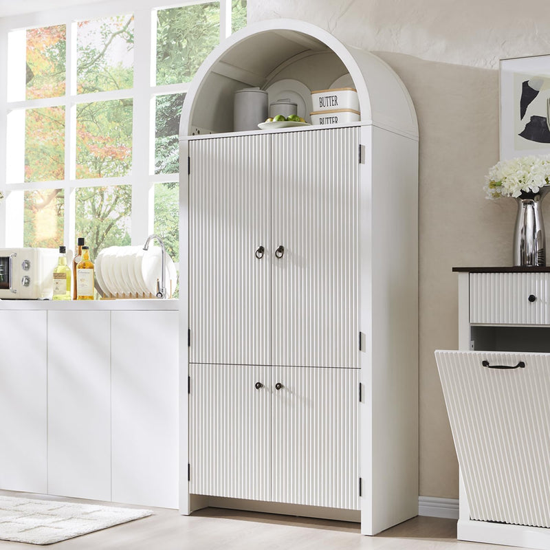 71" Tall Arched Kitchen Pantry, Modern Fluted Wood Storage Cabinet with Doors, 3 Adjustable Shelves, 6 Door Shelves, Organizer, Versatile Cupboard for Kitchen, Bathroom, Natural