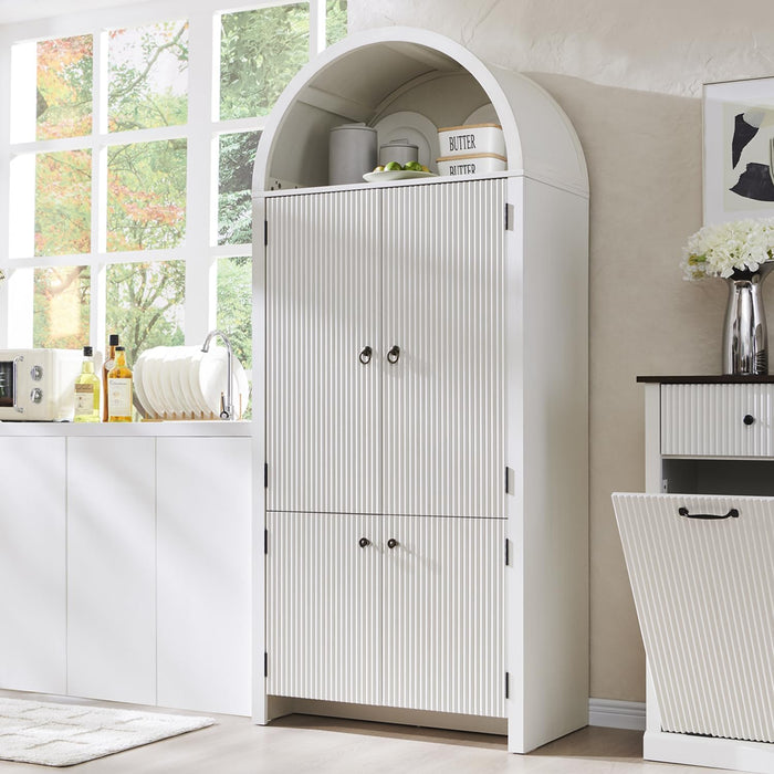 71" Tall Arched Kitchen Pantry, Modern Fluted Wood Storage Cabinet with Doors, 3 Adjustable Shelves, 6 Door Shelves, Organizer, Versatile Cupboard for Kitchen, Bathroom, Natural
