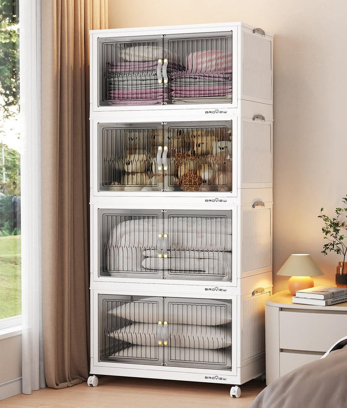 BROVIEW 300Qt Stackable Storage Bins with Lid, Extra Large Closet Organizer Collapsible Drawer Boxes with Wheels, Folding Plastic Cabinet Containers for Home Kitchen Room Organization, 5Pack White