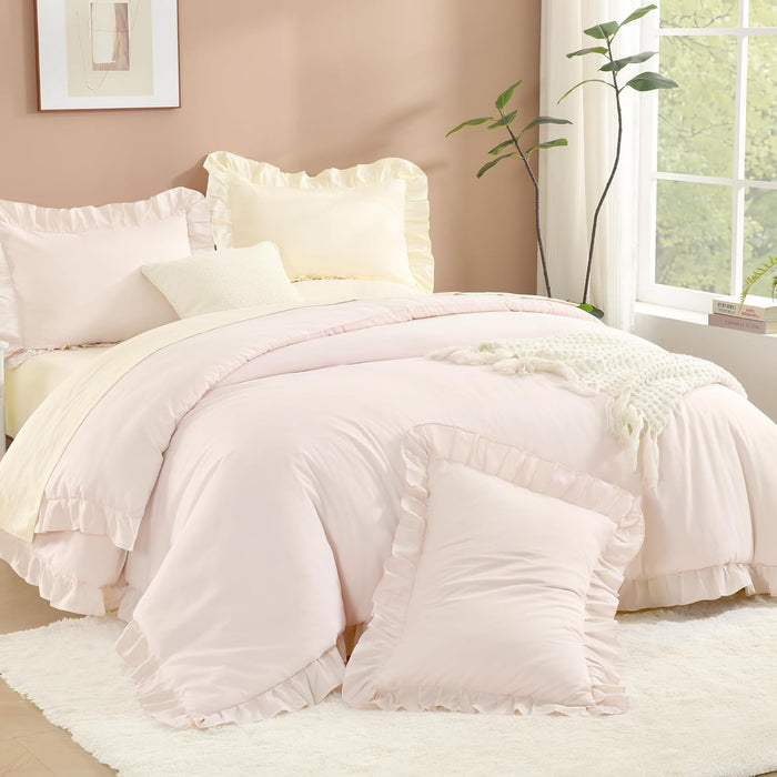 Litanika Comforter Full Size Set Beige, 3 Pieces Ruffle Lightweight Bedding Comforter Set, Fluffy Bed Set (79x90In Comforter, 2 Pillowcases)
