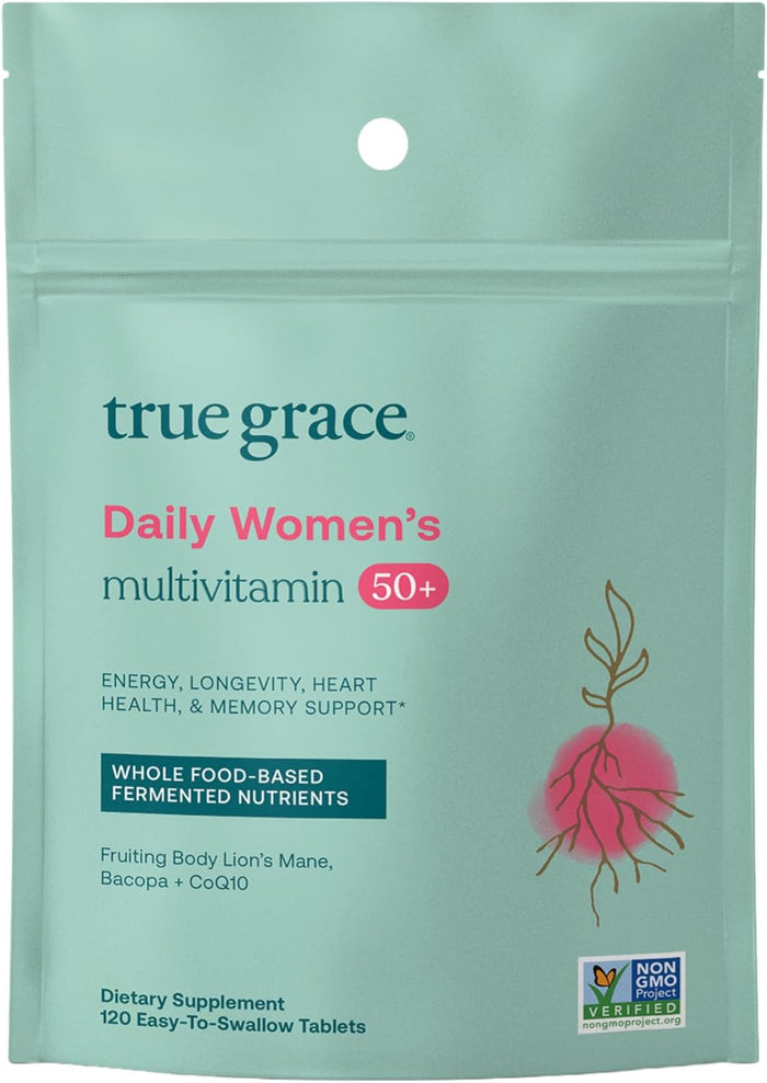 True Grace Daily Women’s Multivitamin 50+ - 60 Easy-to-Swallow Tablets - Immune, Energy, Longevity & Memory Support - Vegan - Gluten, Soy & Iron Free - 30 Servings