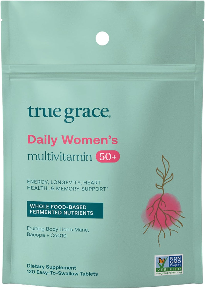 True Grace Daily Women’s Multivitamin 50+ - 60 Easy-to-Swallow Tablets - Immune, Energy, Longevity & Memory Support - Vegan - Gluten, Soy & Iron Free - 30 Servings