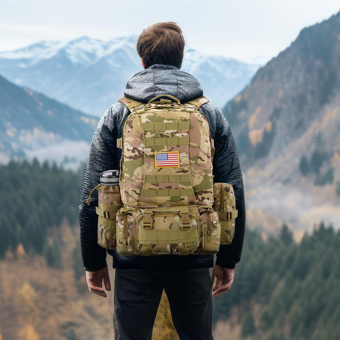 60L Tactical Backpack for Men, Large Military Backpack Molle Rucksack, Heavy Duty Army Assault Pack, Tactical Bag with Detachable Bottle Holder for Hiking Camping Hunting Adventure, Camo