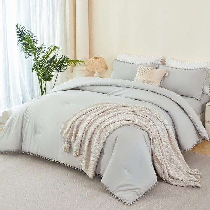 PERFEMET 5 Pcs Pink Pom Pom Comforter Twin Size Aesthetic Boho Pom Fringe Bedding Set with Sheet Ultra Soft Lightweight Farmhouse Bedding Quilt Set for Girls Kids(Pink, Twin)