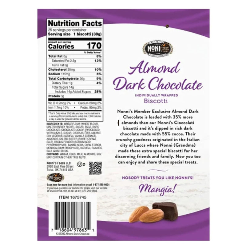 Nonnis Biscotti Almond Dark Chocolate – Gourmet Almond Biscotti, Individually Wrapped, Kosher, 25-Count Box