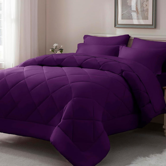 ELNIDO QUEEN® Purple Comforter Set Queen - 7 Pieces Bed in a Bag Queen Size, Bed Set for All Seasons, Ultra Soft Bedding Sets with Comforter, Flat Sheet, Fitted Sheet, Pillowcases and Pillow Shams