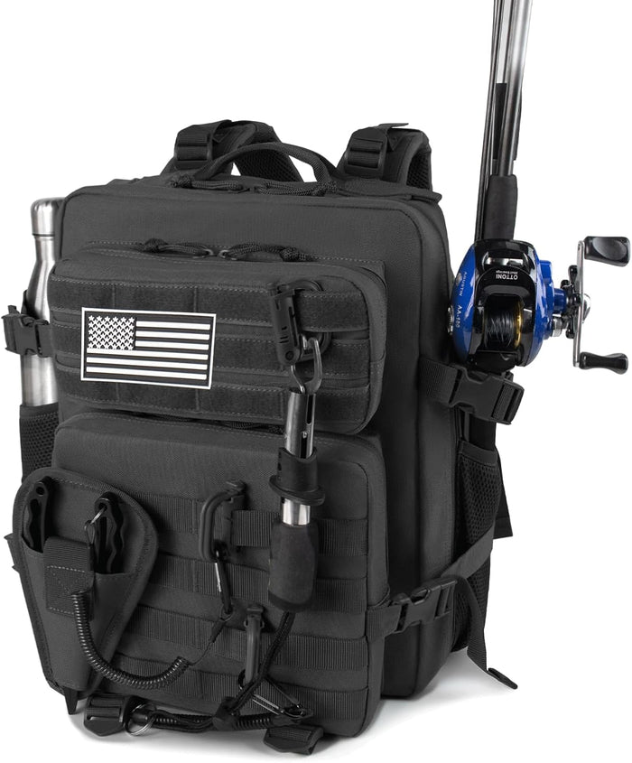 Large 45L Tactical Fishing Tackle Backpack with Removable Plier Holder & Rod Holders Storage Fishing Gear and Equipment Tackle Bag Hiking Backpack without Tackle Boxes Khaki