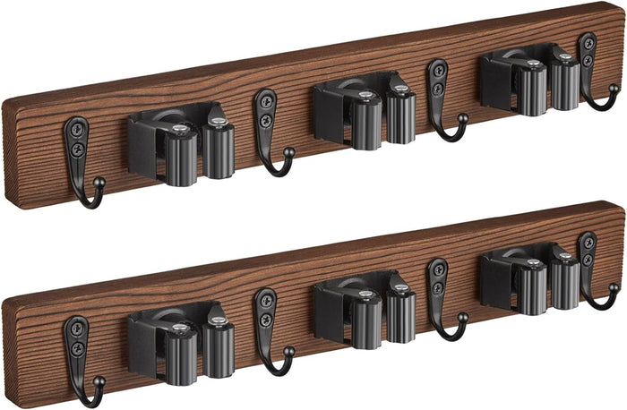 Mop and Broom Holder Wall Mount - Wood Broom Mop Hanger - Wall Mounted Garden Tool Rack Organizer for Closet Garage Laundry Room for Rustic Kitchen Decor With 5 Slots & 4 Hooks