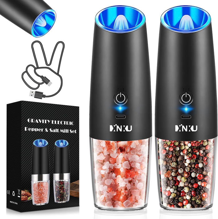 XinXu Gravity Electric Pepper and Salt Grinder Set, Adjustable Coarseness, with LED Light, One Hand Automatic Operation (Set/Silver X)