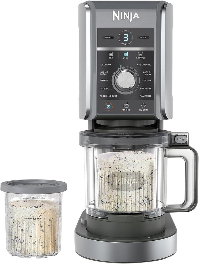 Ninja NC301 CREAMi Ice Cream Maker, for Gelato, Mix-ins, Milkshakes, Sorbet, Smoothie Bowls & More, 7 One-Touch Programs, with (2) Pint Containers & Lids, Compact Size, Perfect for Kids, Silver