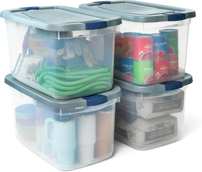 Rubbermaid Roughneck Clear 95 Qt/23.75 Gal Storage Containers, Pack of 4 with Latching Grey Lids, Visible Base, Sturdy and Stackable, Great for Storage and Organization