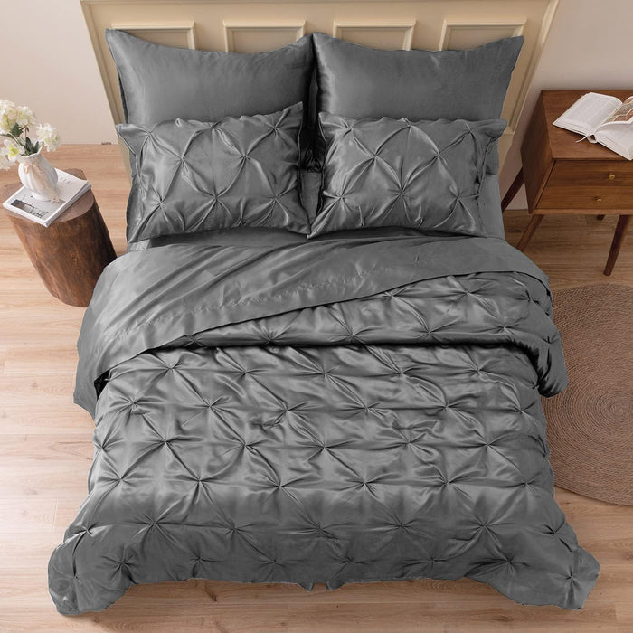 MR&HM Satin Comforter King 7 Pieces - Luxurious Pinch Pleat Bedding Set with Comforter, Flat Sheet, Fitted Sheet, Pillowcases & Shams, Super Silky Soft Bed Set for All Season (King, Black)
