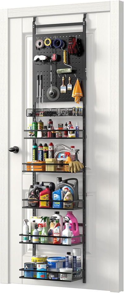mustry Over The Door Garage Storage, Door Garage Organization Hanging with 2 PegBorads and 6 Adjustable Baskets, Behind The Door Storage and Organizer Rack System for Cleaners, Car Care