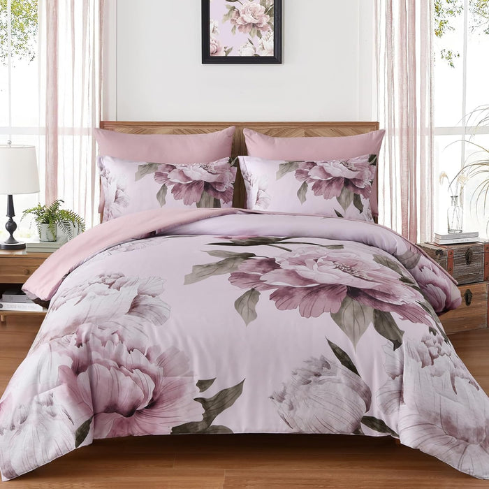 Dobuyly Pink and Grey Comforter Set Queen Size 7 Piece Bed in a Bag, Floral Printed on Gray Comforter Set with Sheets, Soft Microfiber Botanical Complete Bedding Set for All Season