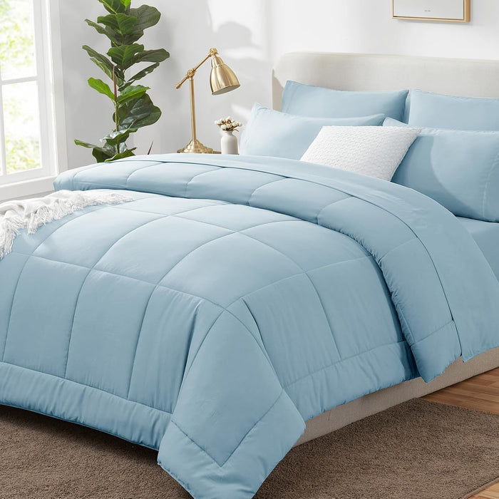 CozyLux Full Size Comforter Sets Grayish Blue, 7 Pieces Bed in a Bag, Blue Comforter Full Size, All Season Bedding Sets with Stitch Quilted Comforter, Flat Sheet, Fitted Sheet, Pillowcases