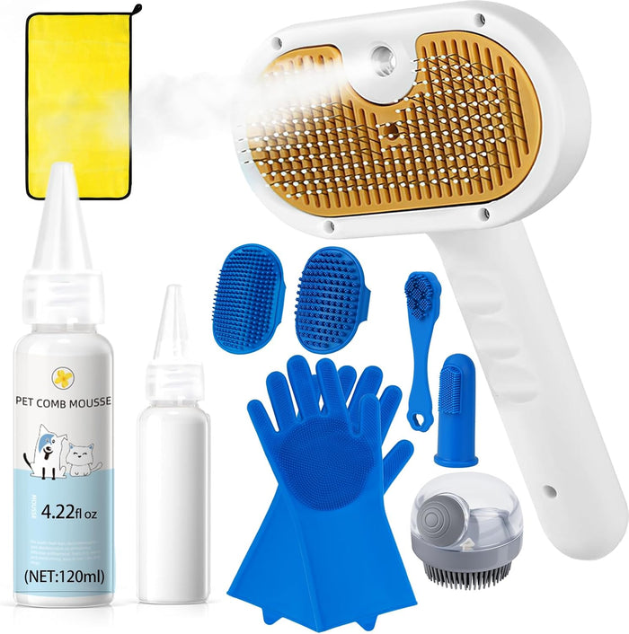 Pet Steam Brush for Dog & Cat – 3-in-1 Spray Hair Removal Comb – Steam for Shedding & Grooming – Water Brush for Long & Short Haired Pets – Spritz Defur Comb – Includes Waterless Shampoo