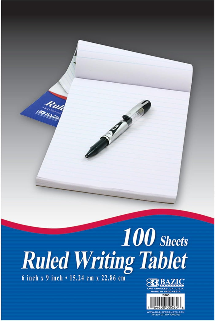 BAZIC Products Writing Pad 100 Sheets 6" X 9", Lined Ruled Memo Writing Notebook Note Pad, Easy Tear Note Paper Work Notepad for Office School Home, 1-Pack
