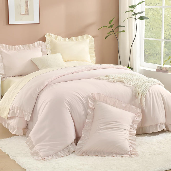 Litanika Full Size Comforter Sets, 3 Pieces Blush Pink Ruffle Girls Women Cute Bedding Comforters & Sets, Lightweight Fluffy Microfiber as Gift (79x90In Comforter & 2 Pillowcases)