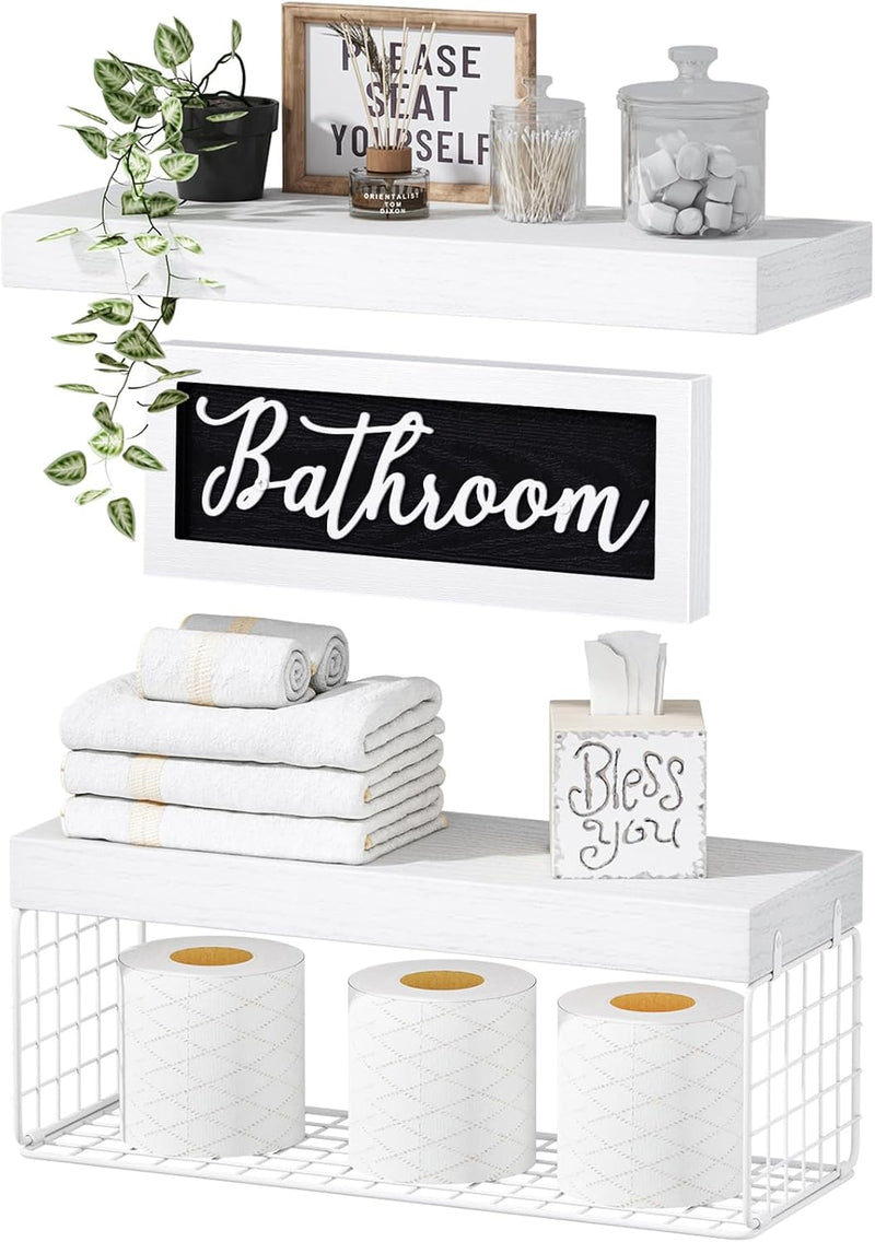 QEEIG ‎Bathroom Shelves Over Toilet - Paper Storage Wall Mounted Farmhouse Decor Decorations Aesthetic Décor Sign Small Floating Shelf 2+1 Set 16 inch, Rustic Brown (020BN)