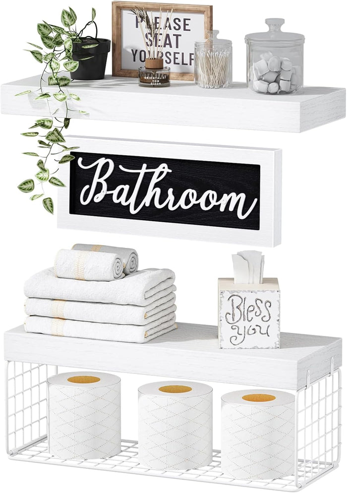 QEEIG ‎Bathroom Shelves Over Toilet - Paper Storage Wall Mounted Farmhouse Decor Decorations Aesthetic Décor Sign Small Floating Shelf 2+1 Set 16 inch, Rustic Brown (020BN)