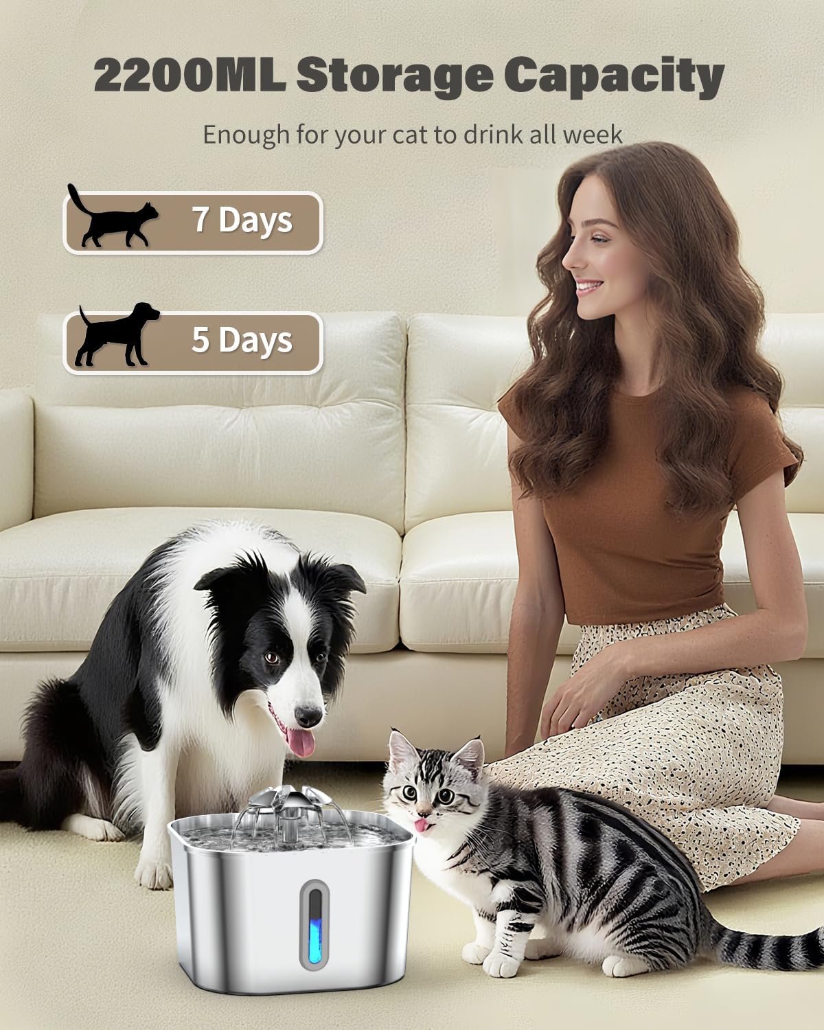 Cat Water Fountain Stainless Steel, 74oz/2.2L Automatic Quiet Cat Drinking Fountain, Indoor Water Dispenser for Cats, Kittens, Small Dogs and Pets, Circulating Pet Water Fountain