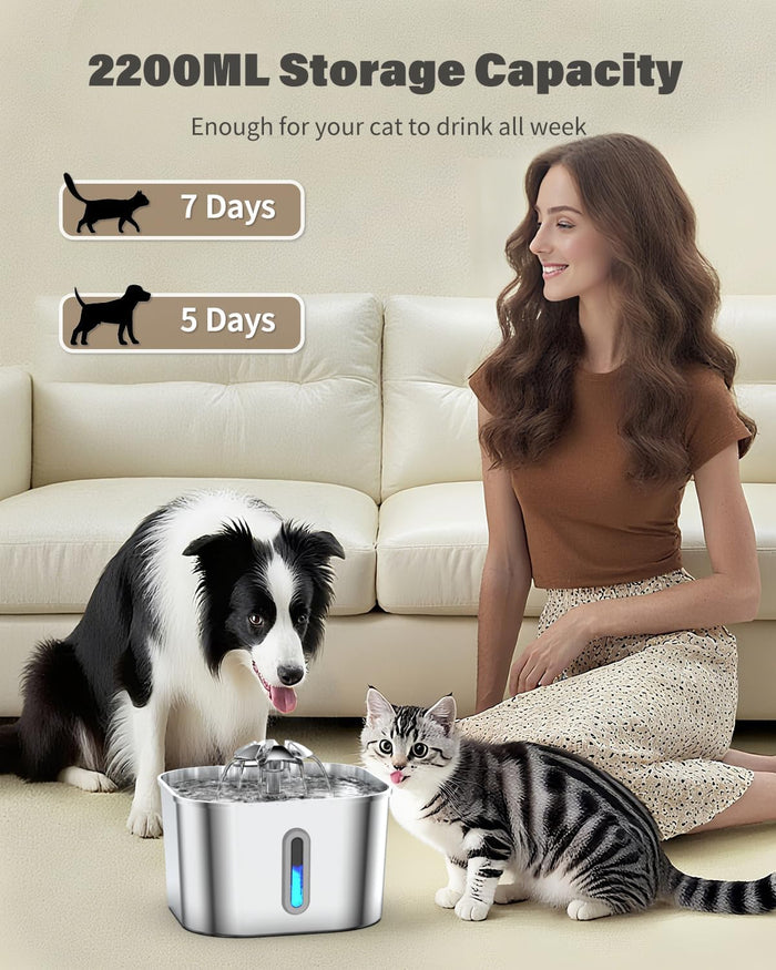 Cat Water Fountain Stainless Steel, 74oz/2.2L Automatic Quiet Cat Drinking Fountain, Indoor Water Dispenser for Cats, Kittens, Small Dogs and Pets, Circulating Pet Water Fountain