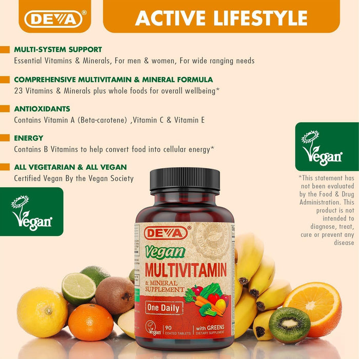 DEVA Vegan Multivitamin and Mineral Supplement - Once-Per-Day Formula with Greens - Vitamins A, C, D, E, B Complex, High-Potency Formulation for Daily Health and Wellness- 90 Coated Tablets, 1-Pack