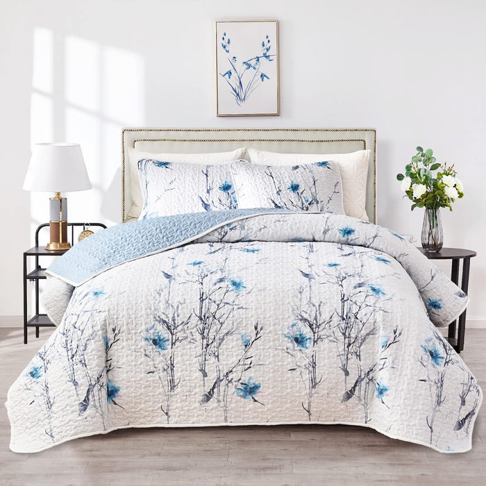 Flysheep 3 Pieces Quilt Set Full/Queen Size, Beige Floral Reversible Bedspread Coverlet Set, Soft Microfiber Lightweight Bed Cover for All Season (90" x 90", 1 Quilt+ 2 Pillow Shams)