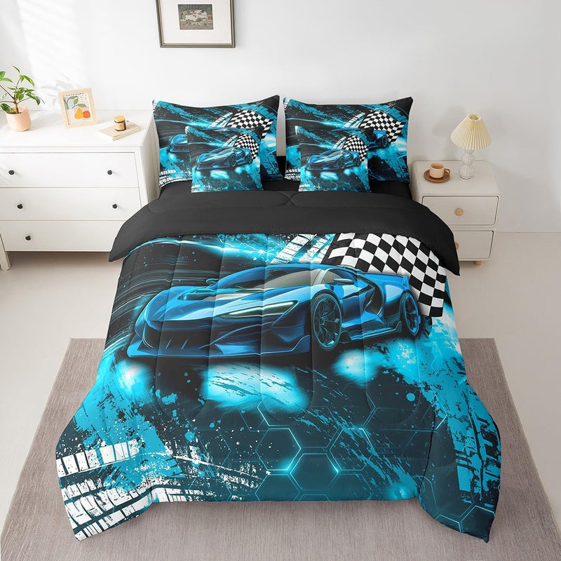 Feelyou Race Car Bed Set for Kids Boys Girls Twin Size Speed Honeycomb Prints 7 Pieces Beeding Set Ultra Soft Extreme Sports Bed in a Bag with Comforter, Sheets, Pillowcases Sports Car Cool Car