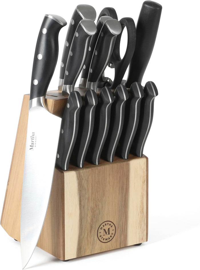 MARTHA STEWART Eastwalk 14 Piece High Carbon Stainless Steel Cutlery Kitchen Knife Block Set w/ABS Triple Riveted Forged Handle Acacia Wood Block - Linen White