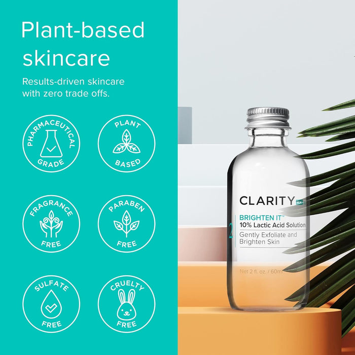 ClarityRx Brighten It 10% Lactic Acid Solution, Natural Plant-Based Exfoliating Face Treatment for Dark Spots, Discoloration & Uneven Skin (2 fl oz)