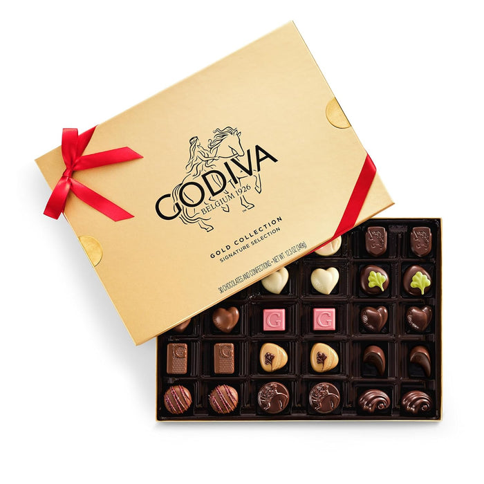 Godiva Red Bow Gold Assorted Chocolate Gift Box, Belgian Dark and Milk Chocolates with Pralinés, Ganaches & Caramels, Gourmet Holiday Gift, Non-GMO & Kosher, 15 Pc
