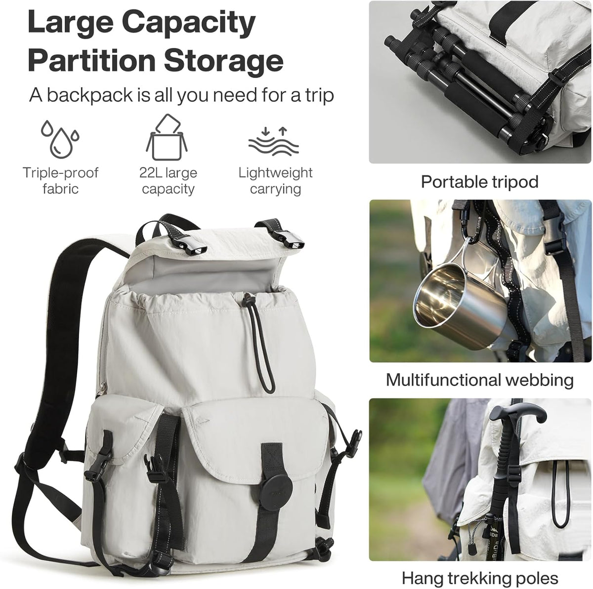 mixi Travel Backpack for Women Men, 18 Inch Carry On Laptop Backpack Flight Approved fits 16'' Laptop, Lightweight Waterproof Hiking Backpack Travel Outdoor Business Casual Daypack, Light Gray