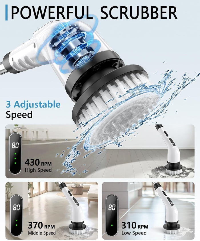 Electric Spin Scrubber Cordless - 3 Speed Rechargeable, Adjustable & Detachable Handle, 9 in 1 Brush Heads Power Scrub Brushes for Cleaning Supplies Shower Bathroom Tub Kitchen Tile Floor