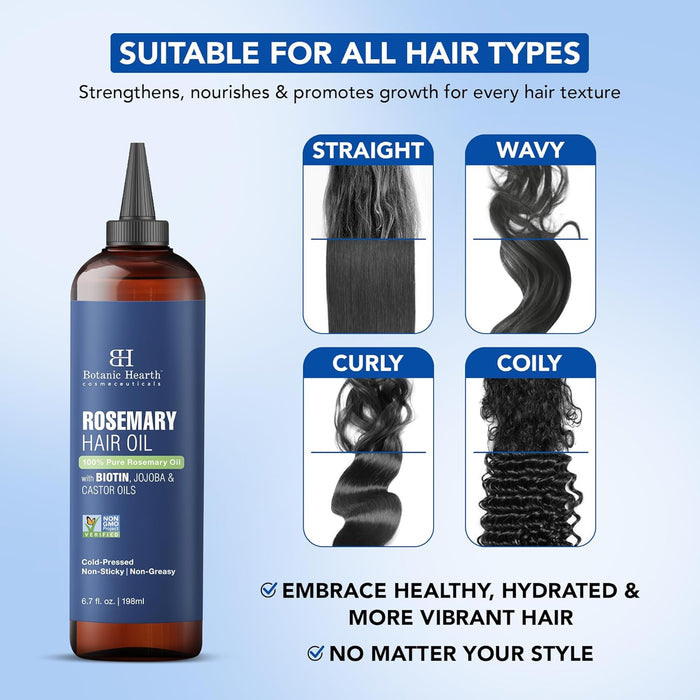 Botanic Hearth 100% Pure Rosemary Oil for Hair Growth (6.7 fl oz)| Infused with Biotin, Jojoba & Castor Oil | Hair Oil Repairs Dry Damaged Hair, Strengthening, Healthier Hair- Hair Tonic