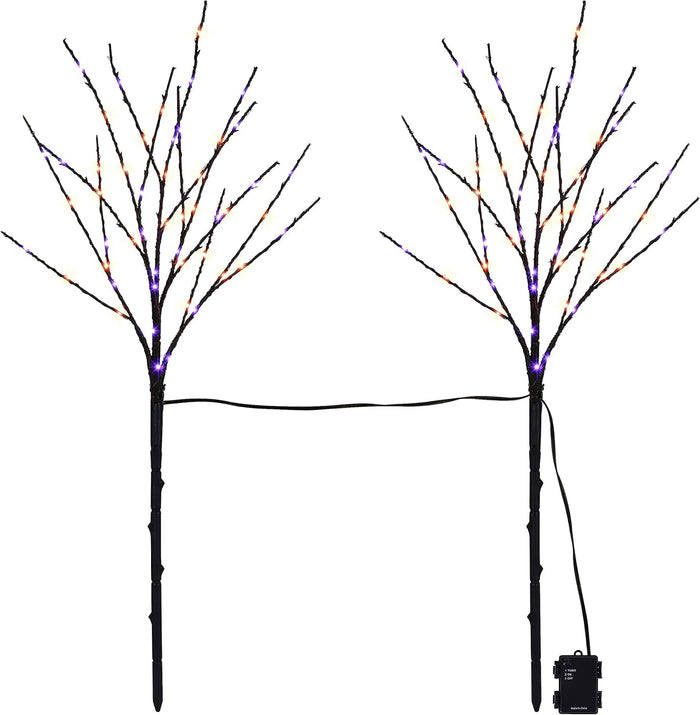 Lighted Halloween Tree Branches, 30IN 100LED Artificial Black Twig Branch with Purple&Orange Fairy Lights, Built-in Timer & Battery Operated, Waterproof for Outdoor Pathway Lawn Garden Decorations